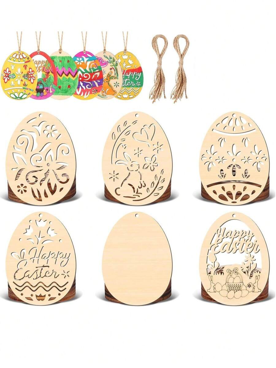 24pcs Unpainted Hollow Wooden Easter Eggs & Rabbits Crafts, Smooth Surface, Suitable For Home Hanging Decor, Classroom Gifts, Spring DIY, Easter Banner, Easter Party Crafts, Creative Home Decor, DIY Wooden Rabbit & Egg Decorations