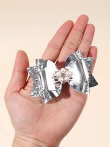 2 złote brokatowe kokardy do włosów dla dziewcząt, błyszczące perły, spinki krokodylkowe, błyszczące spinki do włosów, delikatne spinki na imprezę, błyszczące, słodkie, słodkie spinki do włosów, akcesoria do włosów dla nastolatków - Srebro - Zobacz 3