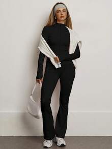 PinkTip Pink Tip 女士纯色无缝弹力外套和紧身裤运动套装，提臀修身柔软裤，休闲运动服，适合日常、健身、跑步、瑜伽、普拉提等运动，黑色春季款 - 黑色 - 查看 4