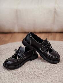 Damen Mode vielseitige flache Schnallen Rund Zeh Farbblock Schleife Slip-On Loafer, geeignet für alle Jahreszeiten - Schwarz - Übersicht 8