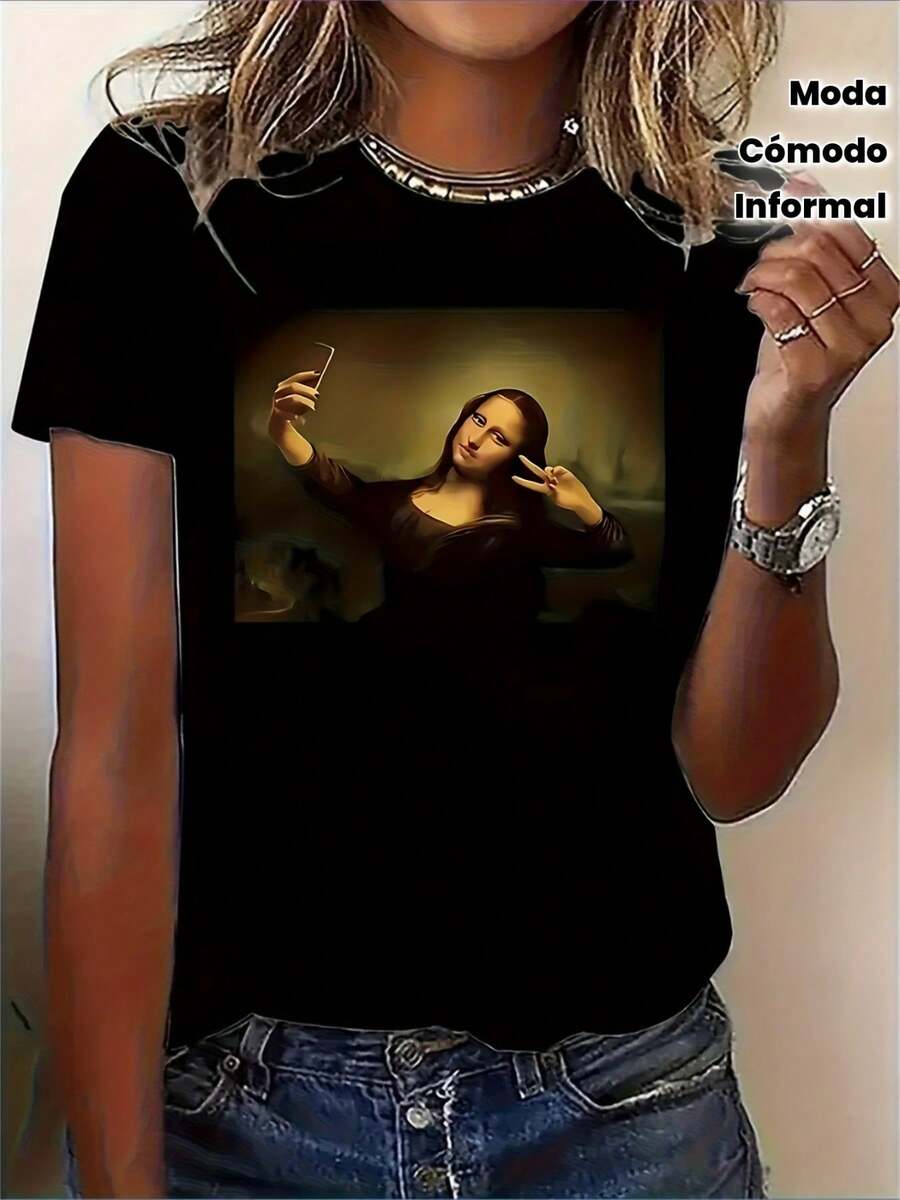 Camiseta Mona Lisa Haciendo Selfie, estampado de pintura con gesto moderno, fondo clásico, estilo humorístico cultural - Negro - Ver 1