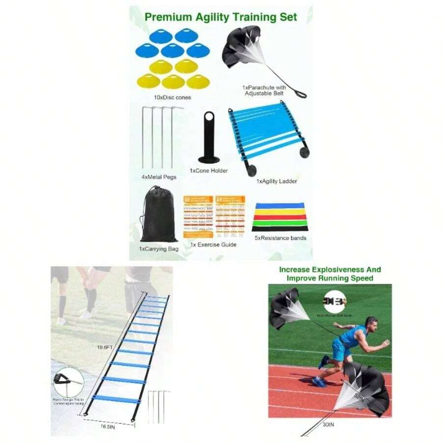 Speed Agility Training Equipment Set - 20ft Agility Ladder, 10 Disc Cones, Resistance Parachute, 5 Resistance Bands Carry Bag Soccer Basketball Fitness Drills Adults - Blue - View 1