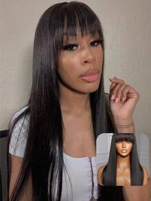 Yaki Straight Human Hair Wig With Bangs Kinky Straight Glueless Full Machine Wig N Atural Black 1B# - Natural Black - 查看 1