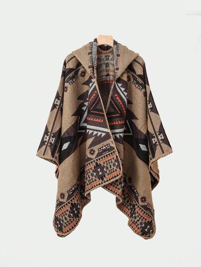 1件几何提花休闲简约斗篷披肩，日常穿着