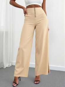 Women's Solid Color Pocket Slit High Slit Casual Office Pants - Apricot - View 4