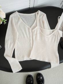 两件套女士早春针织毛衣上衣+吊带背心，新款通勤休闲开衫&背心套装 - 杏色 - 查看 2