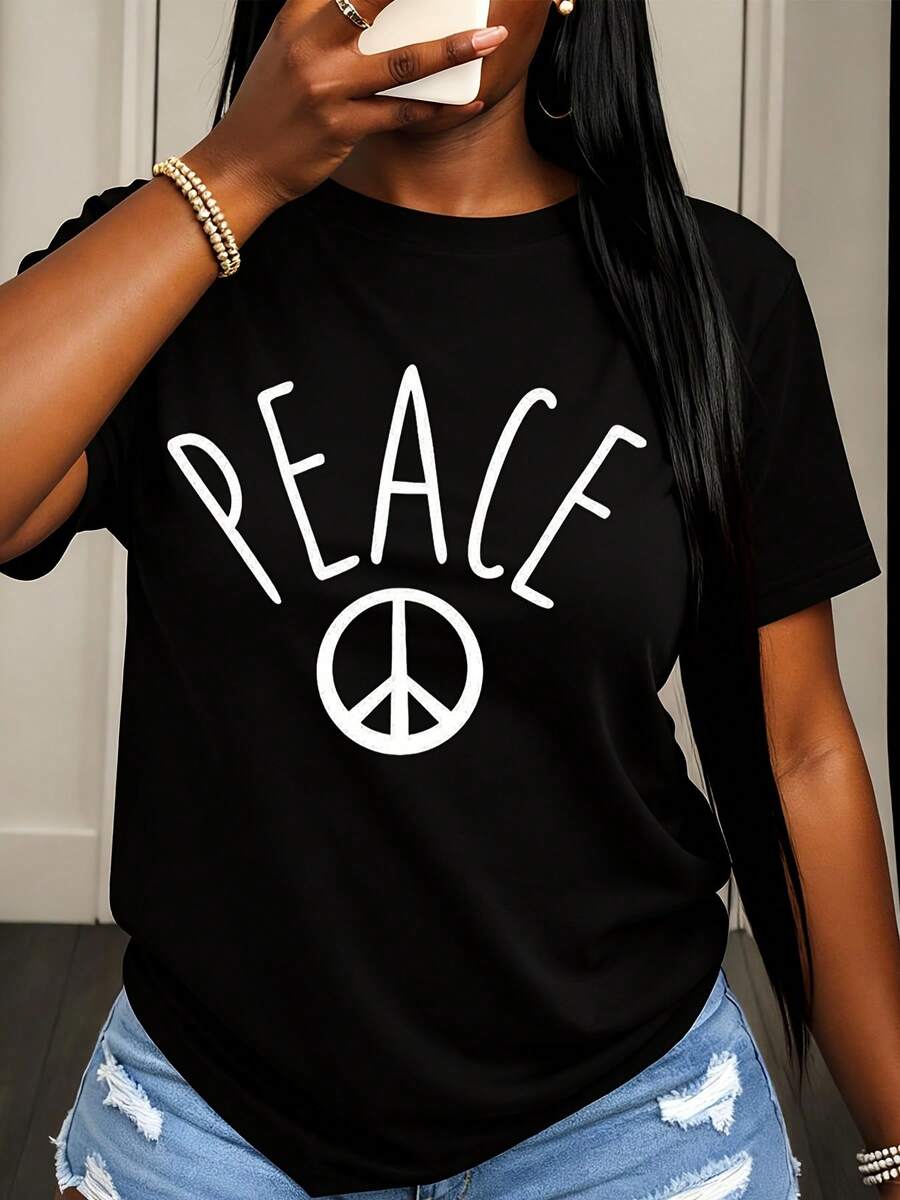 Peace Sign Graphic T Shirt For Women Casual Summer Top With Peace Symbol Print Unisex White Tee Shirt Streetwear Fashion Clothing - 黑色 - 查看 1