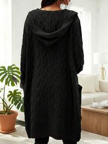 New Fashion Women's Hooded Twisted Knitted Mid-Long Solid Color Button Hooded Cardigan - Black - View 8