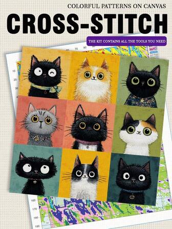 1 幅无框十字绣套装（40 * 40 厘米/15.7 * 15.7 英寸），图案为可爱的小猫，11CT/14CT 印花十字绣 DIY 套装，适合成人和初学者轻松 DIY 十字绣，是卧室和客厅墙面装饰的完美之选。套装包含印花画布、绣针、绣线、图片和说明书。