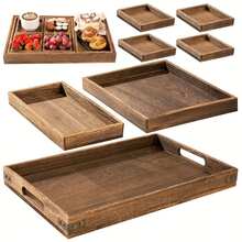 7pcs Rustic Wooden Serving Trays Set, Nesting Food Platters For Breakfast Coffee Table, Stackable Storage - Brown - View 2