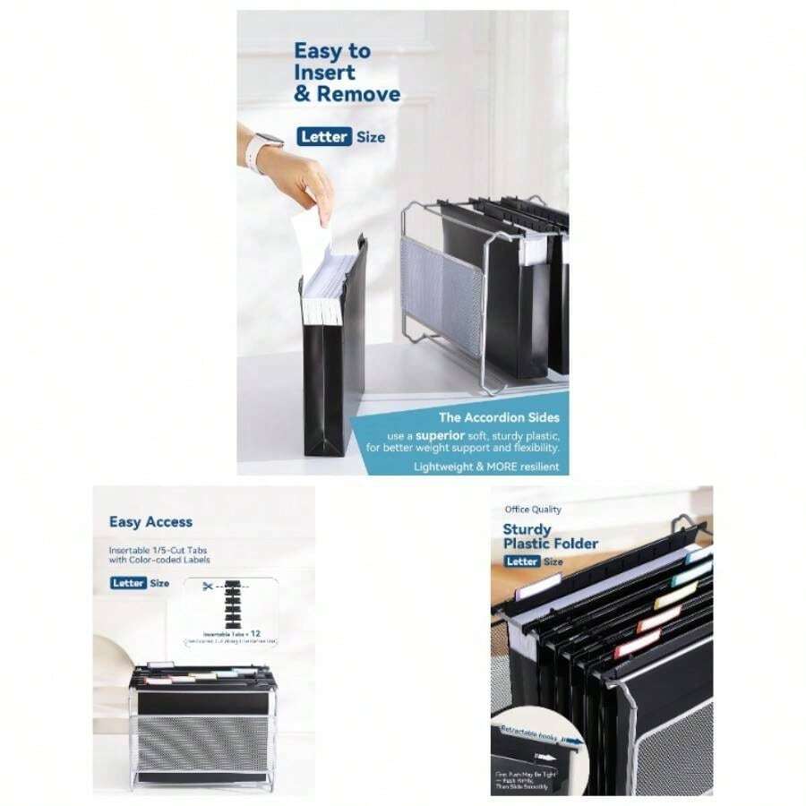 Plastic Capacity Hanging File Folders, 2 Inch Expanding Pocket, Heavy Duty Filing Cabinet, Insertable 1/5 - Cut Tabs, Letter Size - 12 Pack - Black - View 1