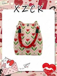 [XZck] Fashionable Knitted Bucket Handbag, Heart Pattern Design Tote Bag, Lightweight Foldable Handbag With Unique Design To Stand Out During Holidays, Great Gift For Girlfriend, Valentine's Day Gift - Multicolor - View 9