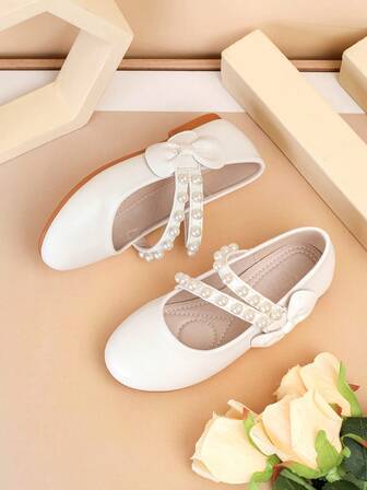 New Girls' Flat Round Toe Mary Jane Shoes With Pearl Decor And Bow, Outdoor & Daily Wear Princess Shoes, Suitable For All Seasons