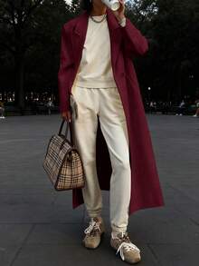 Autumn/Winter New Fashion Women's Loose Fit Elegant Wool-Blend Double-Breasted Windbreaker Coat - Burgundy - View 9
