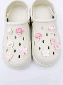 12 piezas Conjunto de adornos para zapatos con flores de cerezo y flor de melocotón, adecuado para zuecos calados y sandalias de playa - Multicolor - Ver 4