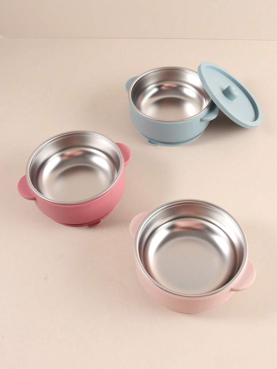 婴儿硅胶吸盘碗带盖，304不锈钢内碗，儿童自主进食餐具 - 彩色 - 查看 1