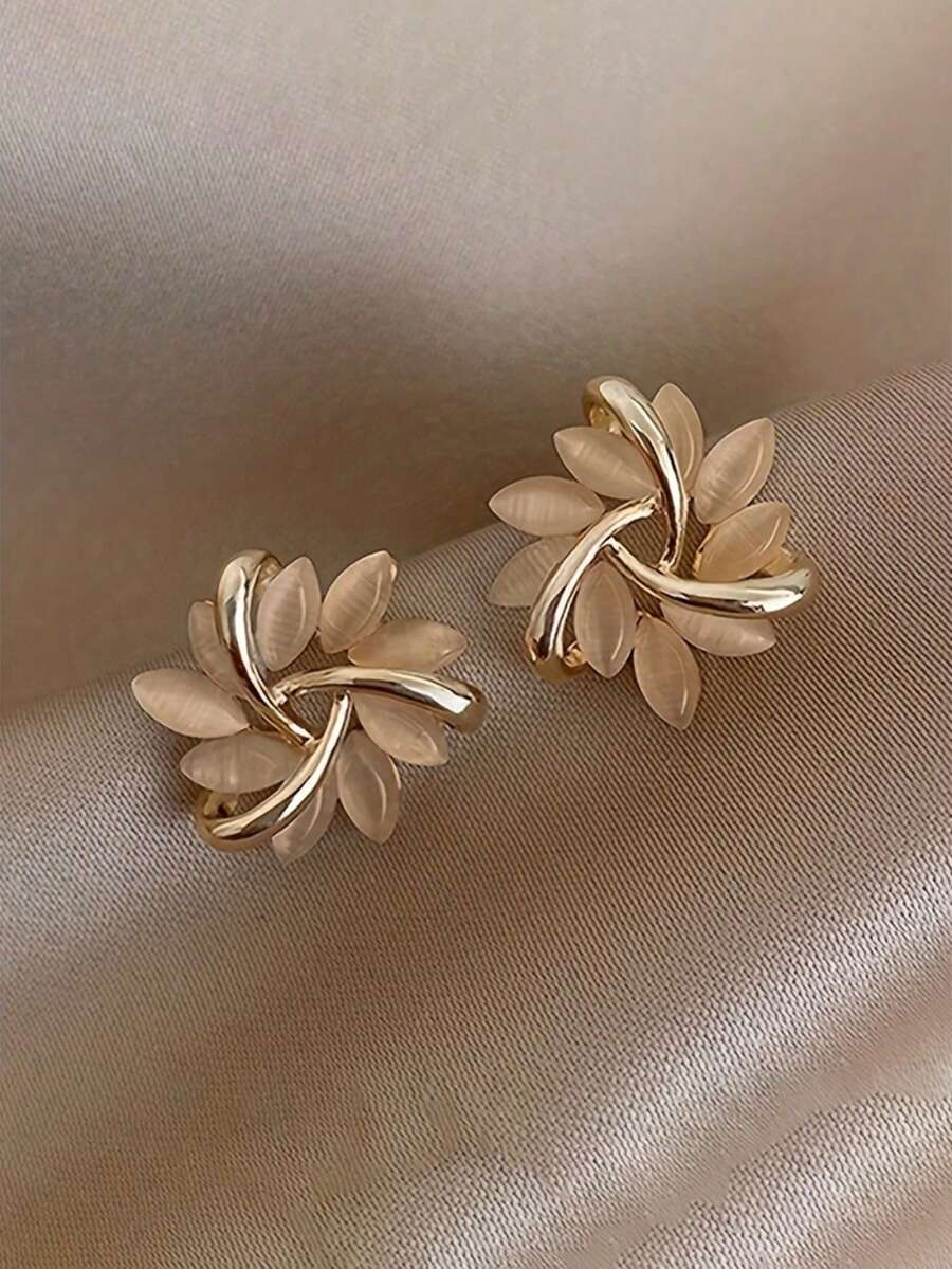 topshiny 一对韩式极简猫眼石耳环，可爱几何圆形花朵耳环，时尚饰品，适合日常穿搭和派对场合。 - 金黃色 - 查看 1