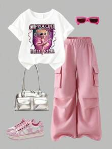 Girls' Casual Set - Cartoon Print Round Neck Short Sleeve T-Shirt And Cargo Pants - Pink - View 1