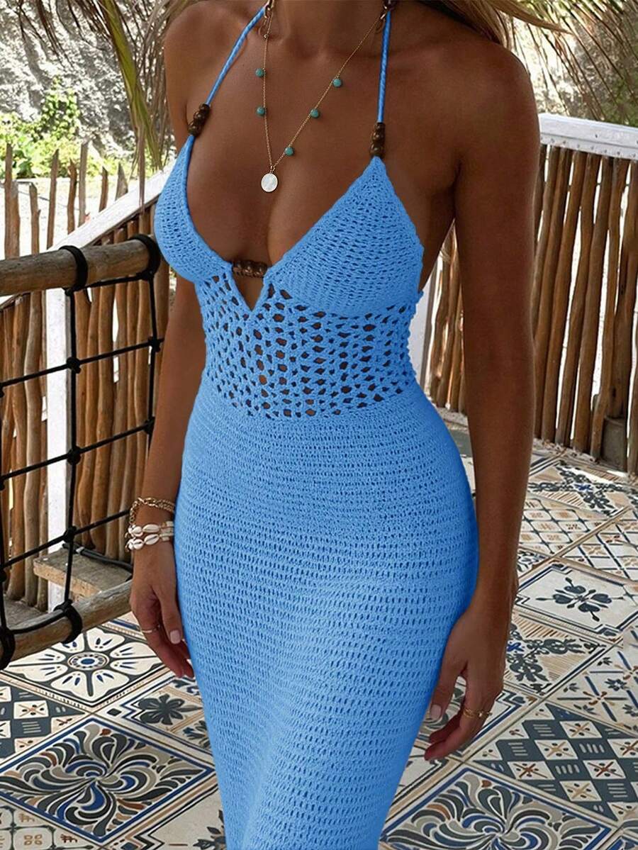 Yuewini 性感优雅针织深V领露背修身连衣裙，适合度假、海滩、情人节、音乐节等场合。