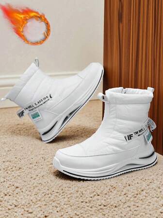 Men's Snow Boots, High-Top, Warm, Side Zipper, Hollow, Shock-Absorbing, Thick Sole, Outdoor Boots, Classic Black & White Patchwork, Thermal Lining, Mid-Calf, Essential For Winter, Casual Commuting, Leather & Fabric Material