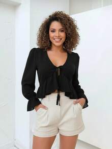 Blusa Cropped Feminina Manga Longa Bufante Princesa Decote V Amarração Top Elegante Festa Balada Moda Gringa