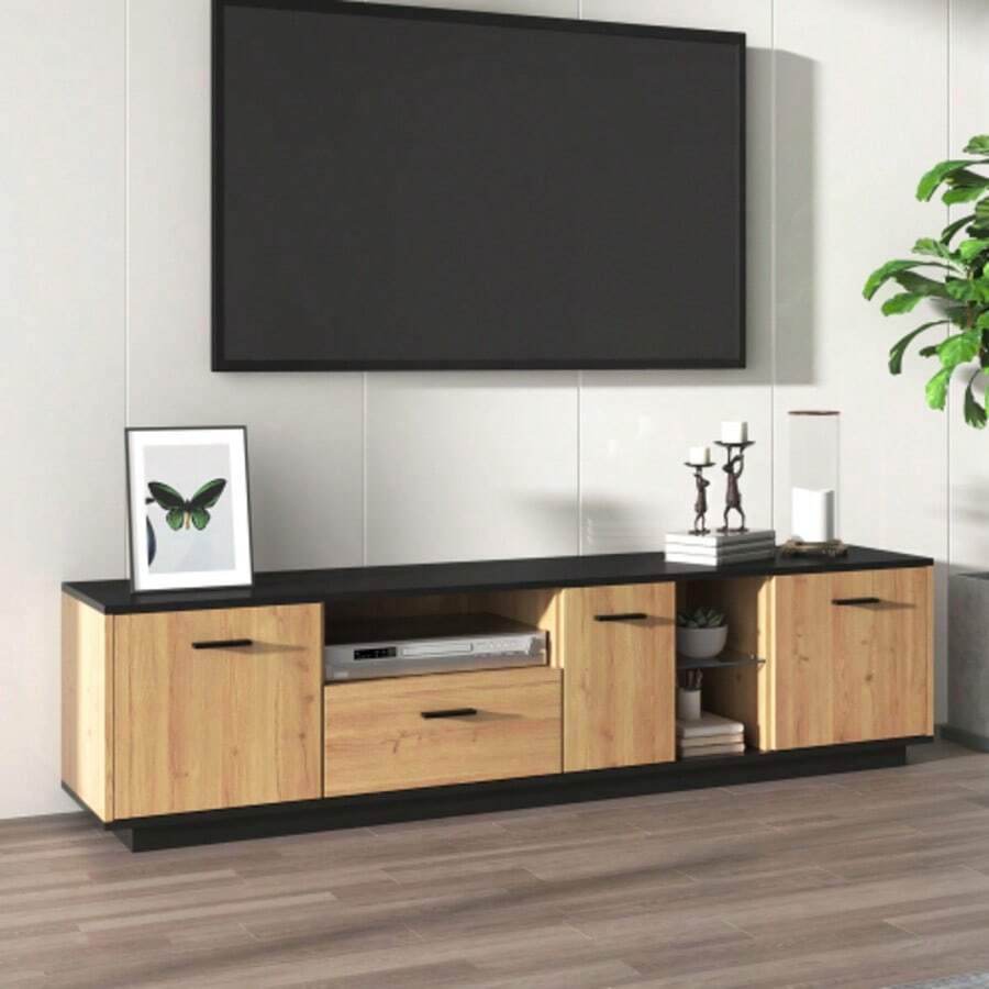 Mobile porta TV con un cassetto, tre ante, due vani a giorno, mobile porta TV in vetro, scheda madre TV, mobile porta TV basso, struttura raffinata. Legno nero e naturale. - nero - Visualizzare 1