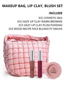 3CE Bộ phấn má hồng và son môi (kèm túi đựng mỹ phẩm). Bao gồm: Son môi lì màu nâu ấm, son môi lì màu mận, phấn má hồng màu mận. Món quà hoàn hảo cho bạn bè và gia đình, bộ quà tặng Giáng sinh, quà tặng năm mới, mỹ phẩm Hàn Quốc. - túi màu hồng - Xem 3