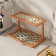 1 raft de depozitare pentru bucătărie din lemn cu 2 niveluri, design cu rafturi deschise, organizator de masă de mare capacitate pentru cești, căni, articole de ceai, scurgător de tacâmuri, suport pentru condimente, decor și afișare pentru casă, panou din ratan, uscare rapidă, respirabil și rezistent la umiditate, potrivit pentru bucătărie, sufragerie, balcon, living și dormitor - Multicolor - Vizualizare 13