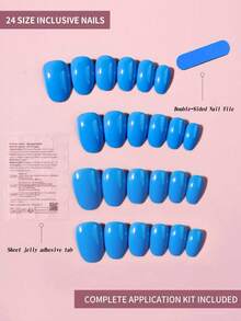 Bộ 24 miếng dán móng tay hình bầu dục màu xanh bóng, chất liệu acrylic, kích thước ngắn, vừa vặn hoàn hảo với móng giả, bao gồm: 1 lọ sơn gel và 1 dũa móng, thích hợp cho phụ nữ và các bạn gái sử dụng hàng ngày khi đi làm, học tập và dự tiệc. - Màu xanh lam - Xem 2
