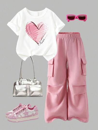 Girls' Casual Set - Heart Print Round Neck Short Sleeve T-Shirt And Cargo Pants