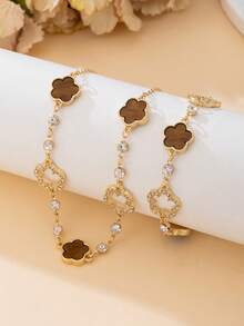 1pc Brown Clover Pendant Necklace With Rhinestones, Elegant High-End Women Jewelry Set With 1pc Bracelet, Gift For Valentine's Day - Brown - View 2