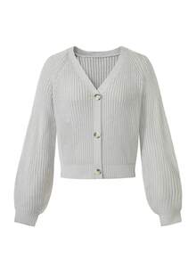 Y2K Style Grey Cardigan With Amber Buttons, Casual Comfortable Loose Knit Sweater Jacket For Daily Wear, Back To School Season - Grey - View 5