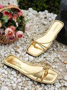 Women's New Flat Square Toe Design Sandals, Lightweight & Comfortable, Minimalist Fashion, Strap Criss-Cross Thong Slip-On, Versatile Bohemian Style Beach Slippers - Gold - View 4