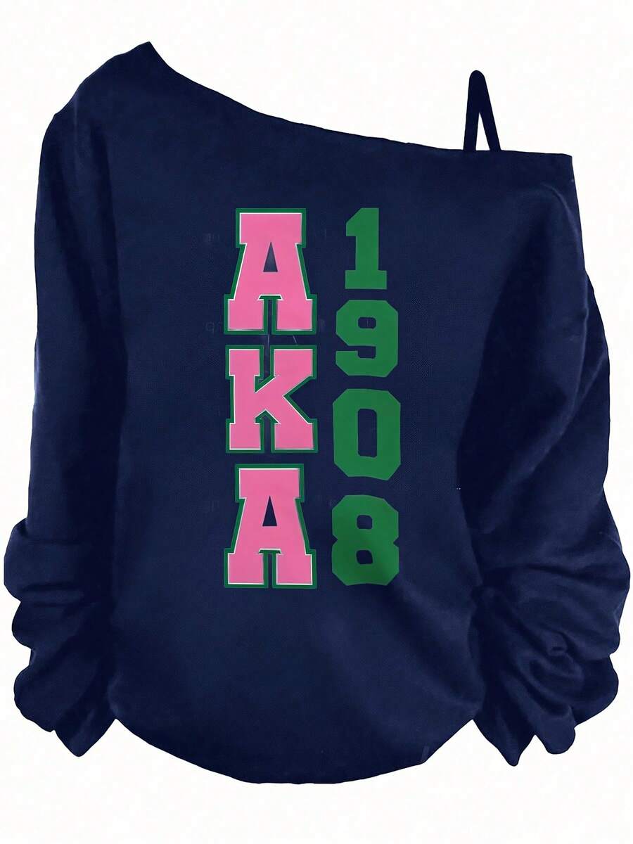 AKA 1908 Black Off - The - Shoulder Sweatshirt With Long Sleeves, Gathered Wrists, Bold Pink Green Letters & Numbers - Casual Crew Neck Pullover For Fans-Women's Winter Tops, Loose-Fit Casual Sports Style, Christmas & New Year Outfits For Plus Size, Relaxed & Easy Feel - Màu xanh hải quân - Xem 1