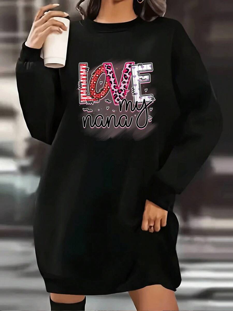 una pieza Vestido de sudadera con cuello redondo para mujer Love My Nana diseño moderno con estampado colorido letras decoradas con corazones y patrones variados ideal para regalo de cumpleaños navi - Negro - Ver 1