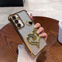 (Heart-Shaped Bracket) Electroplated Magnetic Anti-Fall Transparent Phone Case, Suitable For Samsung Galaxy A123456789987654321 45G, Also Fits S25/S24/S23/S22 Series, A Series, OPPO, Redmi, Moto, Pixel, Vivo, OPPO - Gold - View 4