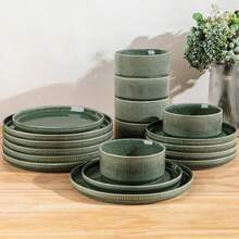 Stoneware Dinnerware Sets 4, Round Reactive Glaze Ceramic Plates And Bowls Set, Highly Scratch Resistant, Dishwasher & Microwave  Dishes Set, Service 4 (12 Pcs), Dark Green, Dinnerware, Modern Kitchenware - Green - View 2