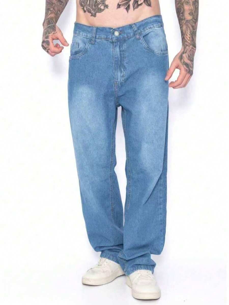 Stylish Wide-Leg Balloon Jeans For Men - Dazzling - 中等水洗藍 - 查看 1