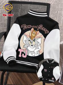 Warner Bros LILL, Winter Women's Tom And Jerry Pattern Baseball Jacket Top, Slightly Elastic Plus Velvet Button Placket Black And White Spliced ​​Baseball Jacket, Street Style Jacket