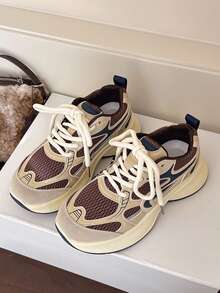 男女通用休闲厚底透气网面运动鞋，多功能运动鞋 - 卡其色 - 查看 3