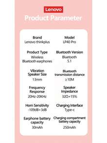 Lenovo LP40 Pro TWS Wireless Bluetooth V5.1 Earphones In-Ear Sport Headphones Waterproof Noise Reduction Earbuds Chinese Packaging Chinese Manual - Pink - View 6