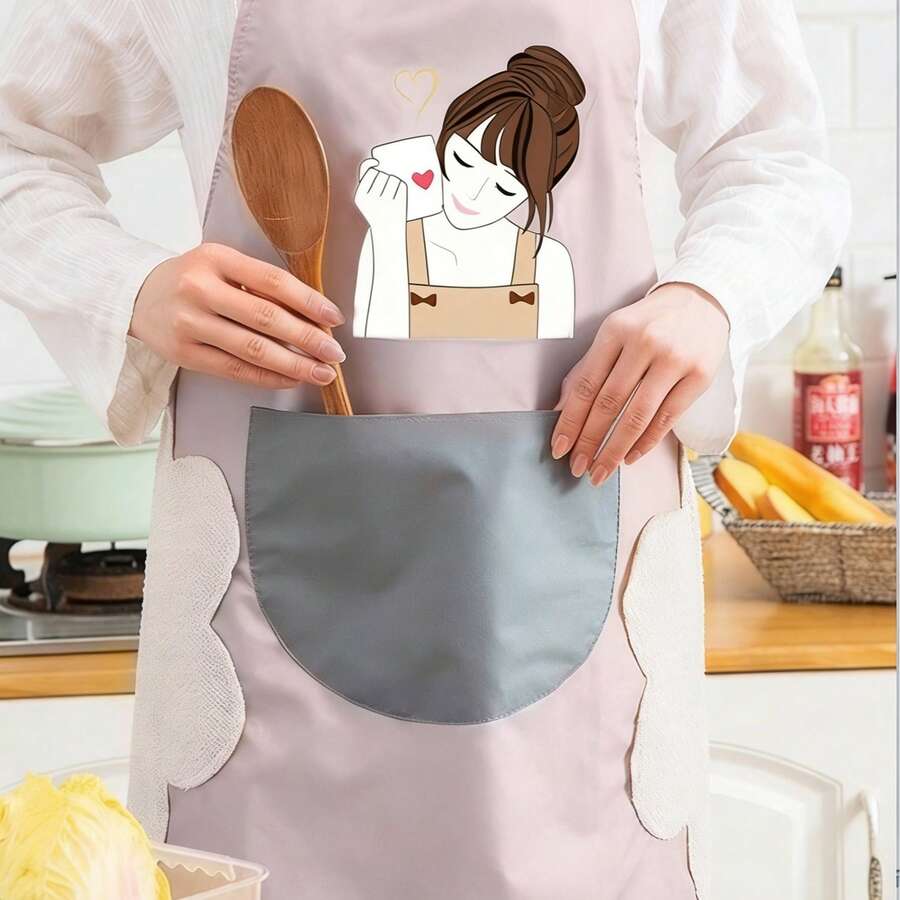 1件厨房围裙，防油防水，带口袋，易于清洗（粉色），适用于厨房、浴室、家居、家务，圣诞节节日送礼佳品 - 粉色 - 查看 1