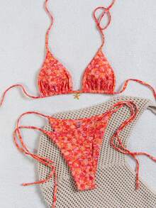 wohenmeili Bộ đồ bơi bikini hở lưng họa tiết hoa gợi cảm đi biển mùa hè dành cho nữ - Đế màu đỏ cam - Xem 7