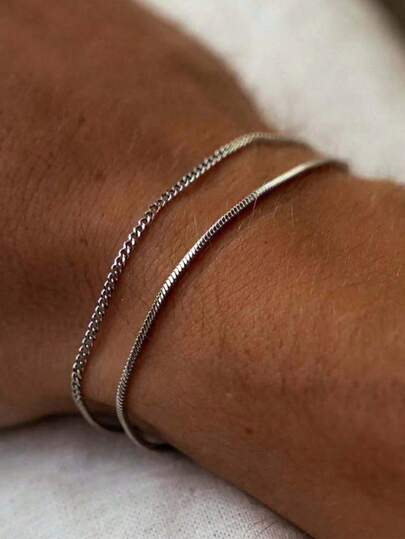 2pcs Stainless Steel Men's Minimalist Stackable Bracelets, Suitable For Daily Wear