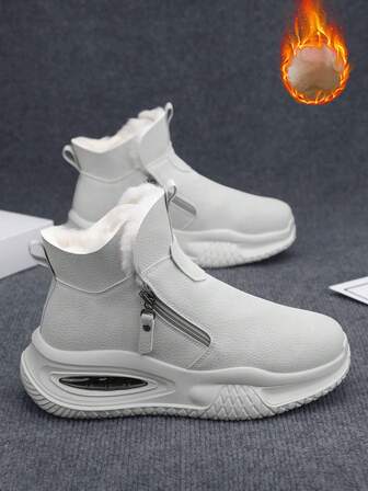 Men's Snow Boots, Winter Plush Lining, Sports Cushion Sole, High-Top, Outdoor Anti-Slip, Warm Ski Training Shoes, Versatile Leather Snow Boots, Comfortable Fur Lining, Outdoor Sports Running Thick Bottom Shock-Absorbing Snow Boots