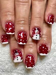 24pcs Cute Square Press On Fake Nails Red Short Nail White Snowflake Fake Nails Christmas Nails - Multicolor - View 1