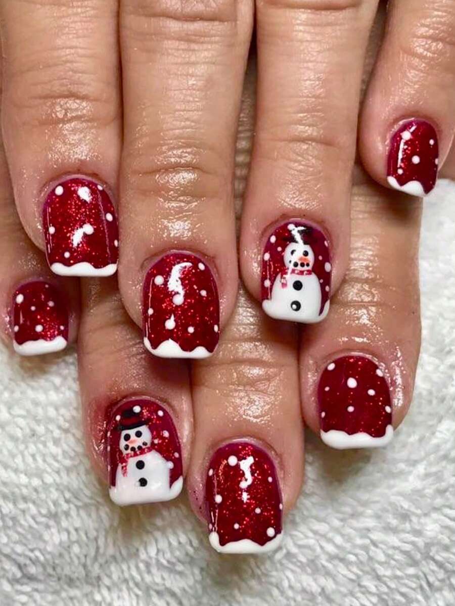 24pcs Cute Square Press On Fake Nails Red Short Nail White Snowflake Fake Nails Christmas Nails - Multicolor - View 1