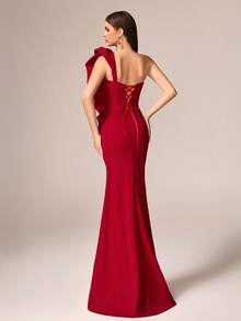 VIPGIRL Elegante e lussuoso abito da sera lungo e morbido di colore rosso, decorato con rose 3D e dettagli in paillettes, per donna - Bordò - Visualizzare 3