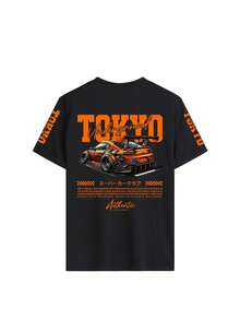 Women's Summer New Simple Letter TOKYO Racing Print Casual Loose Versatile Round Neck Black Short Sleeve T-Shirt, Suitable For Daily And Holiday Wear - Black - View 2