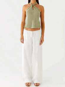 Women Summer Sleeveless Backless Halter Top Back Tie-Up Solid Camisole Top Y2k Going Out Shirts - 軍綠色 - 查看 6